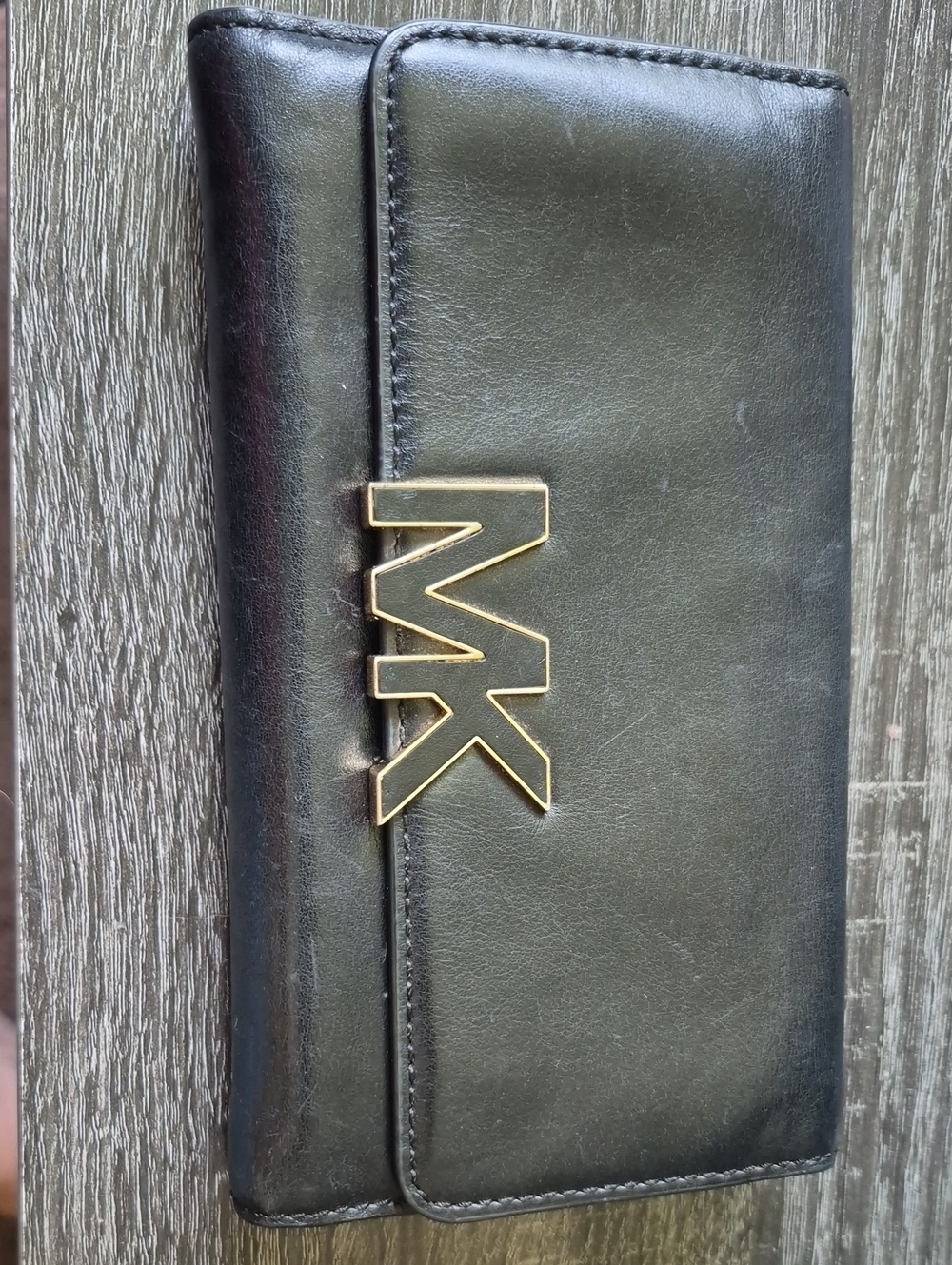 Michael Kors Black Leather Folded Wallet with Gold MK Emblem